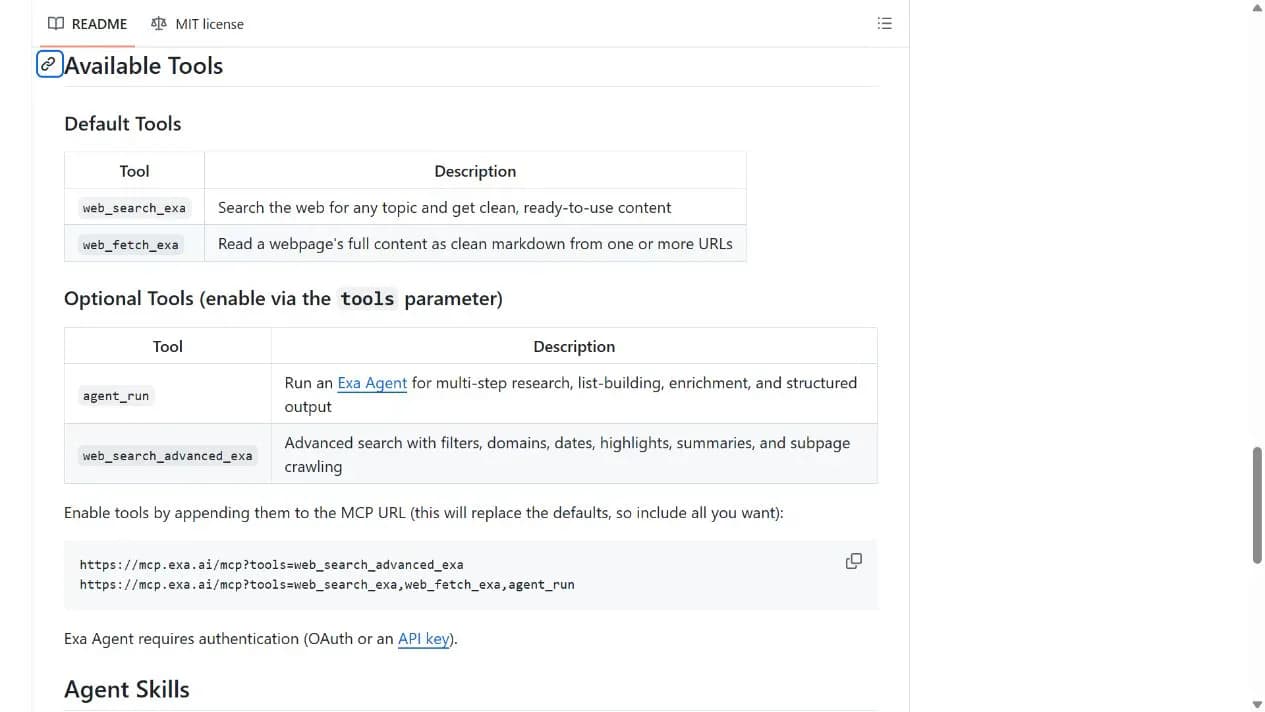 Default search and page-fetch tools in the Exa MCP README
