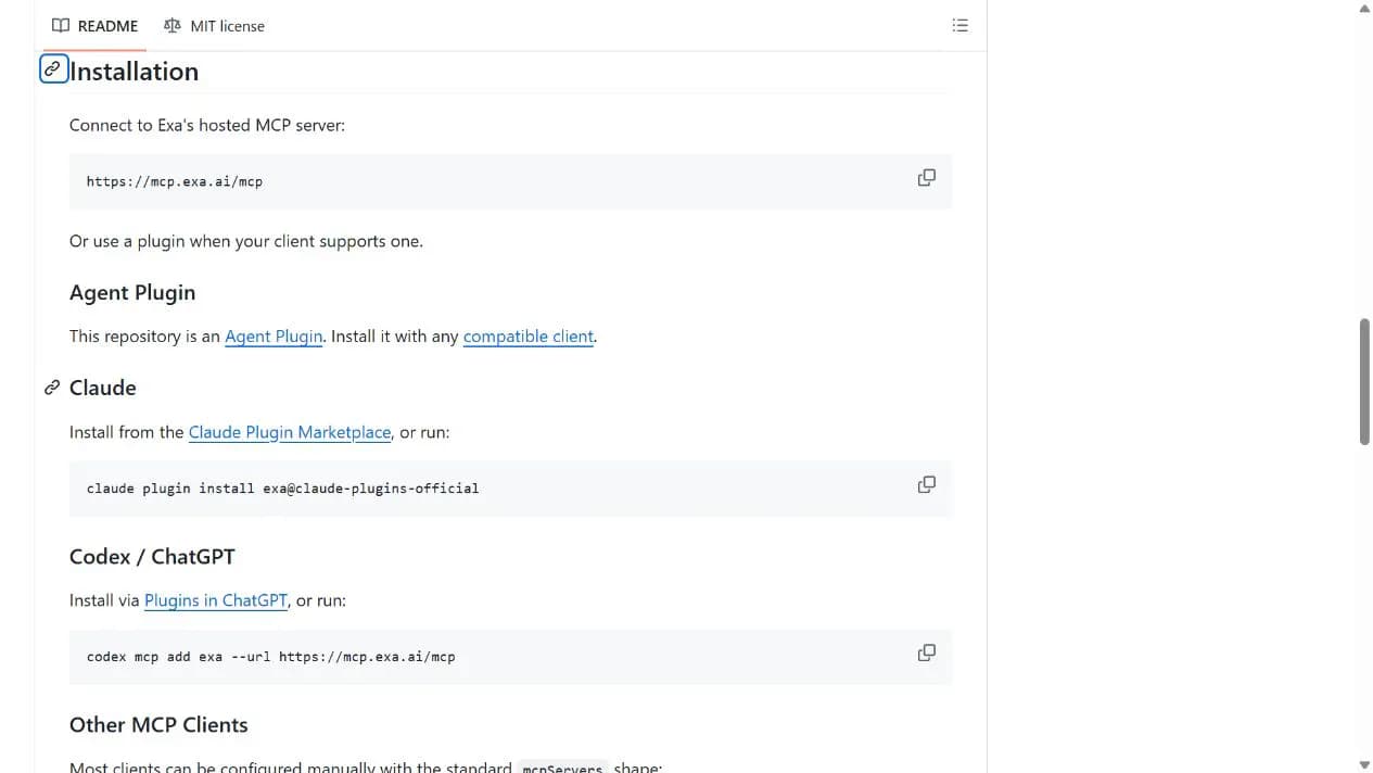 Hosted endpoint and client installation options in the Exa MCP README