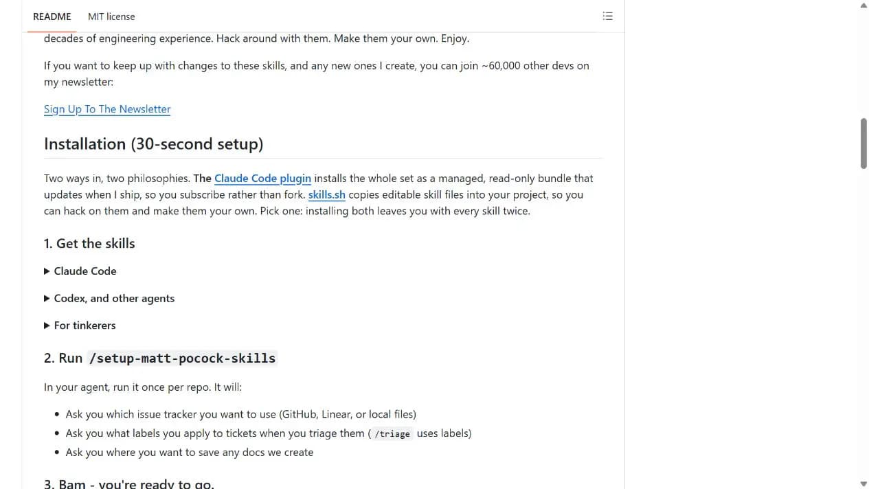 Matt Pocock Skills installation routes and per-repository setup in the GitHub README