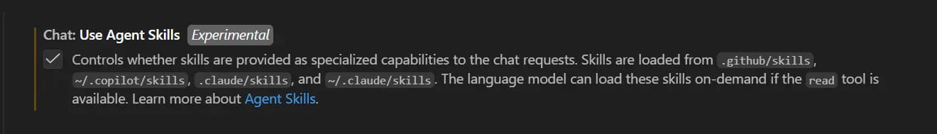 VS Code 设置中的 Chat Use Agent Skills 实验性开关