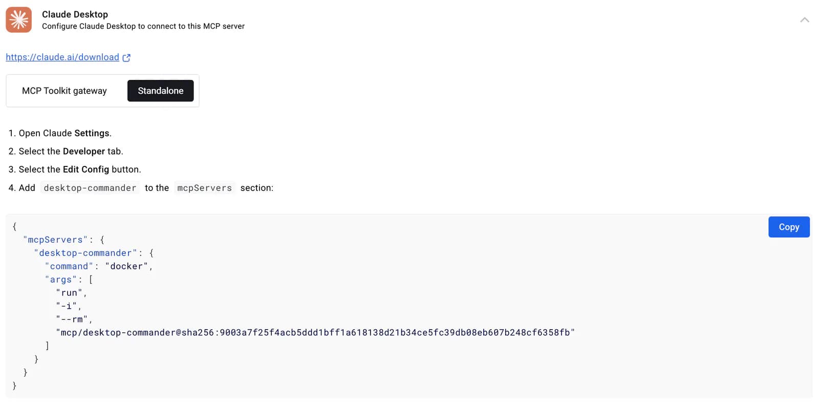 Claude Desktop 中通过 Docker 启动 Desktop Commander MCP 的配置示例