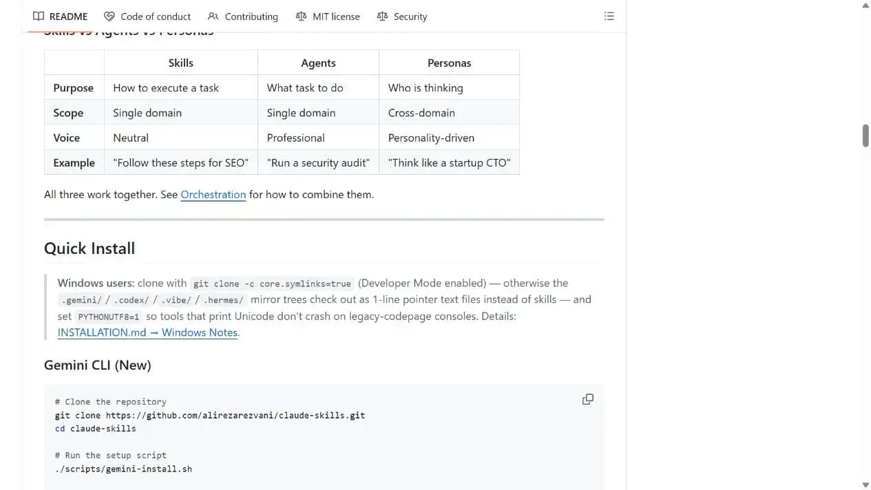 Claude Skills README showing quick installation and the Windows symlink warning