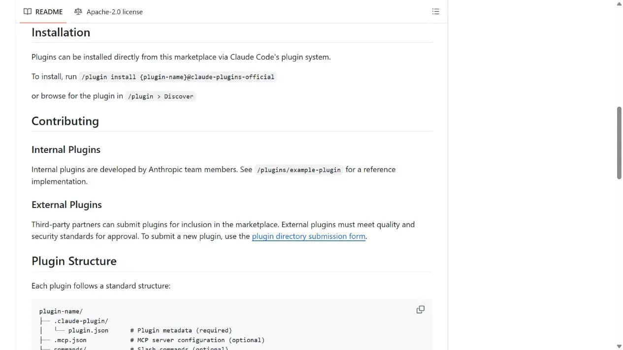 Claude Code Plugins Directory README 展示插件安装命令和 Discover 浏览入口