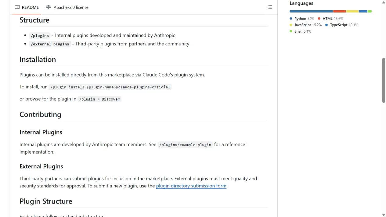 Claude Code Plugins Directory README 区分内部插件和外部合作伙伴插件目录