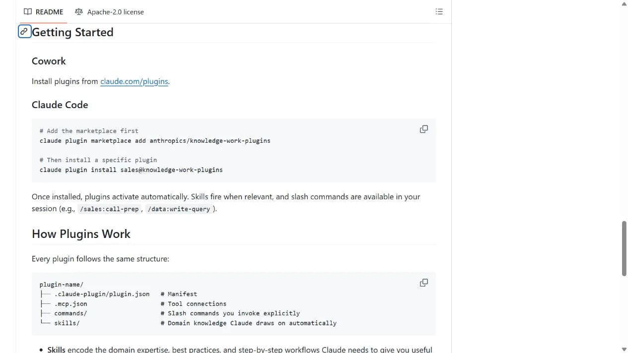 Knowledge Work Plugins README showing Cowork and Claude Code installation routes