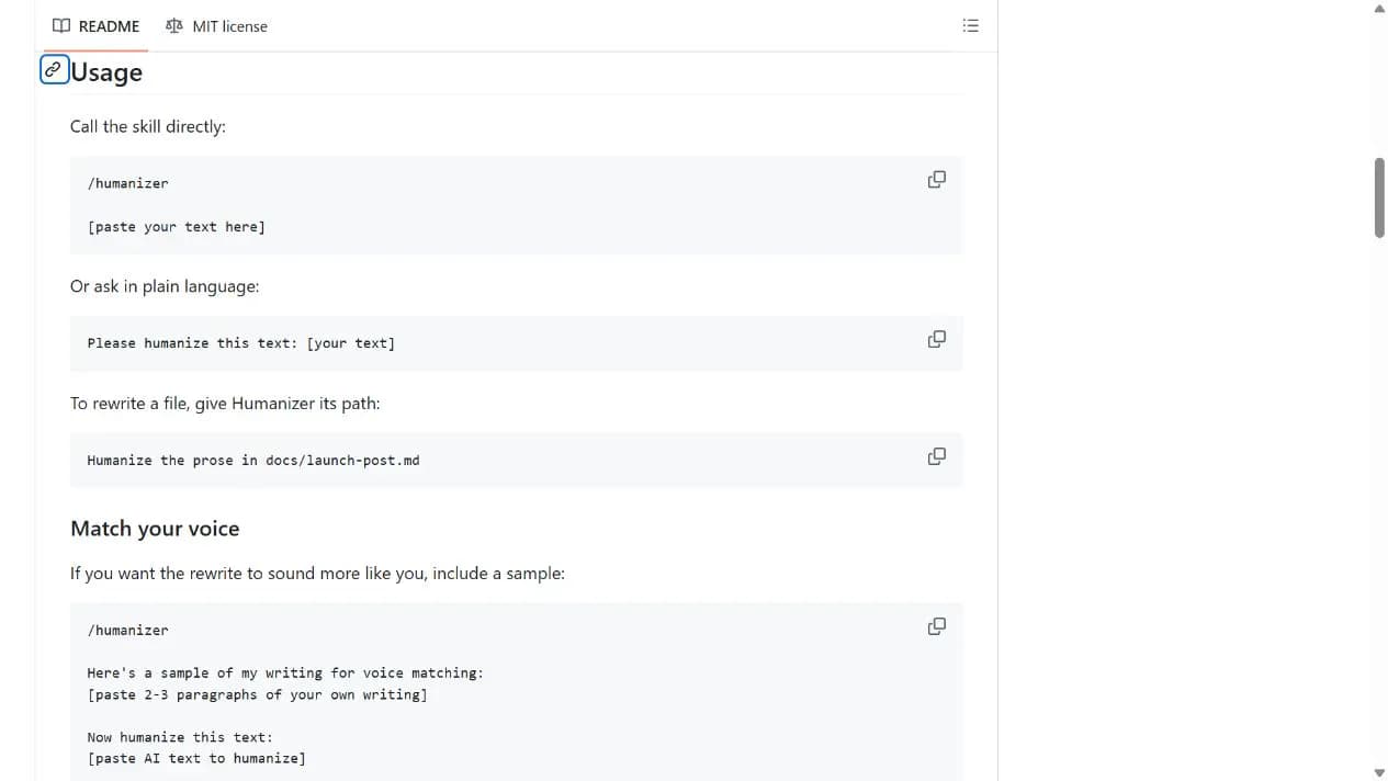Humanizer README showing rewrite requests and a writing sample for voice matching