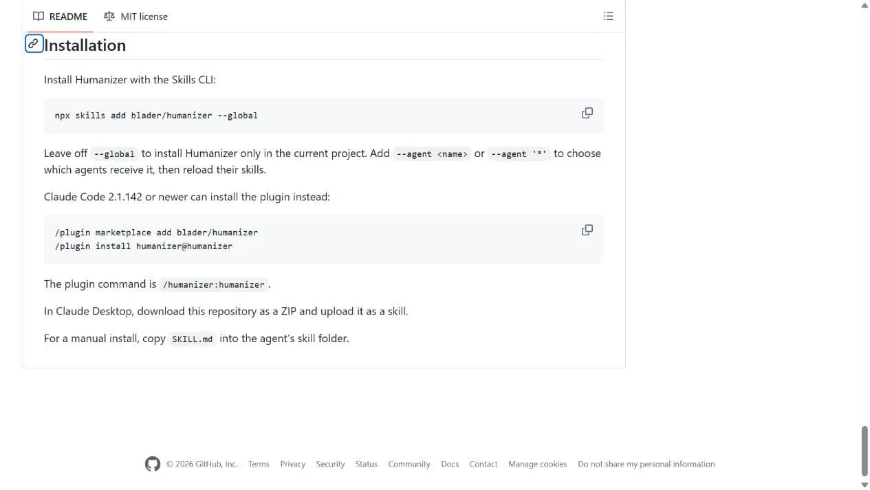Humanizer README showing Skills CLI, Claude plugin and desktop ZIP installation