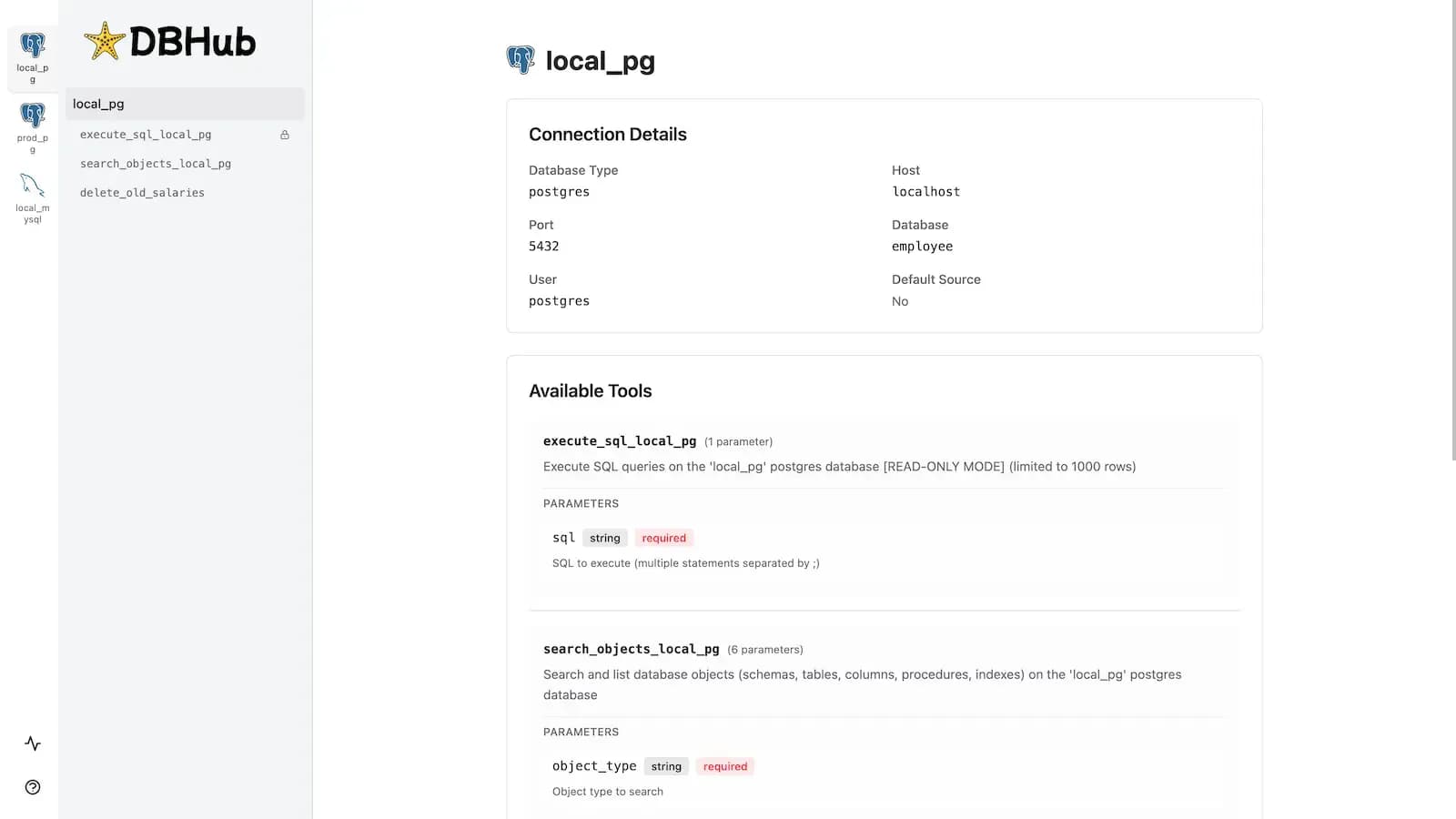 DBHub Workbench 界面,左侧列出数据库,右侧显示 PostgreSQL 连接信息和可用 MCP 工具
