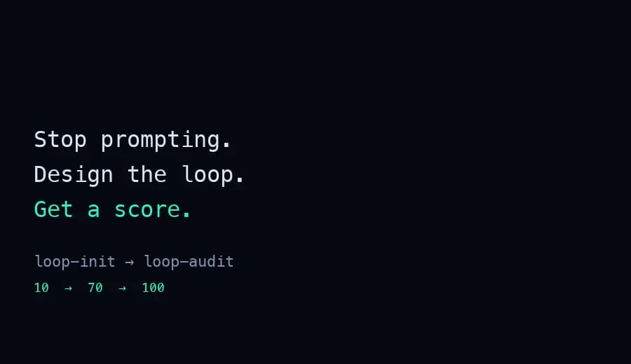 Loop Engineering CLI demo showing the Loop Ready score increasing from 10 to 70 and then 100
