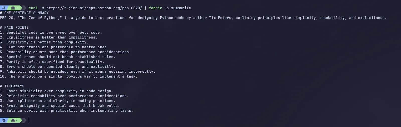 Fabric CLI 对 Python PEP 20 运行 summarize Pattern 并返回结构化摘要