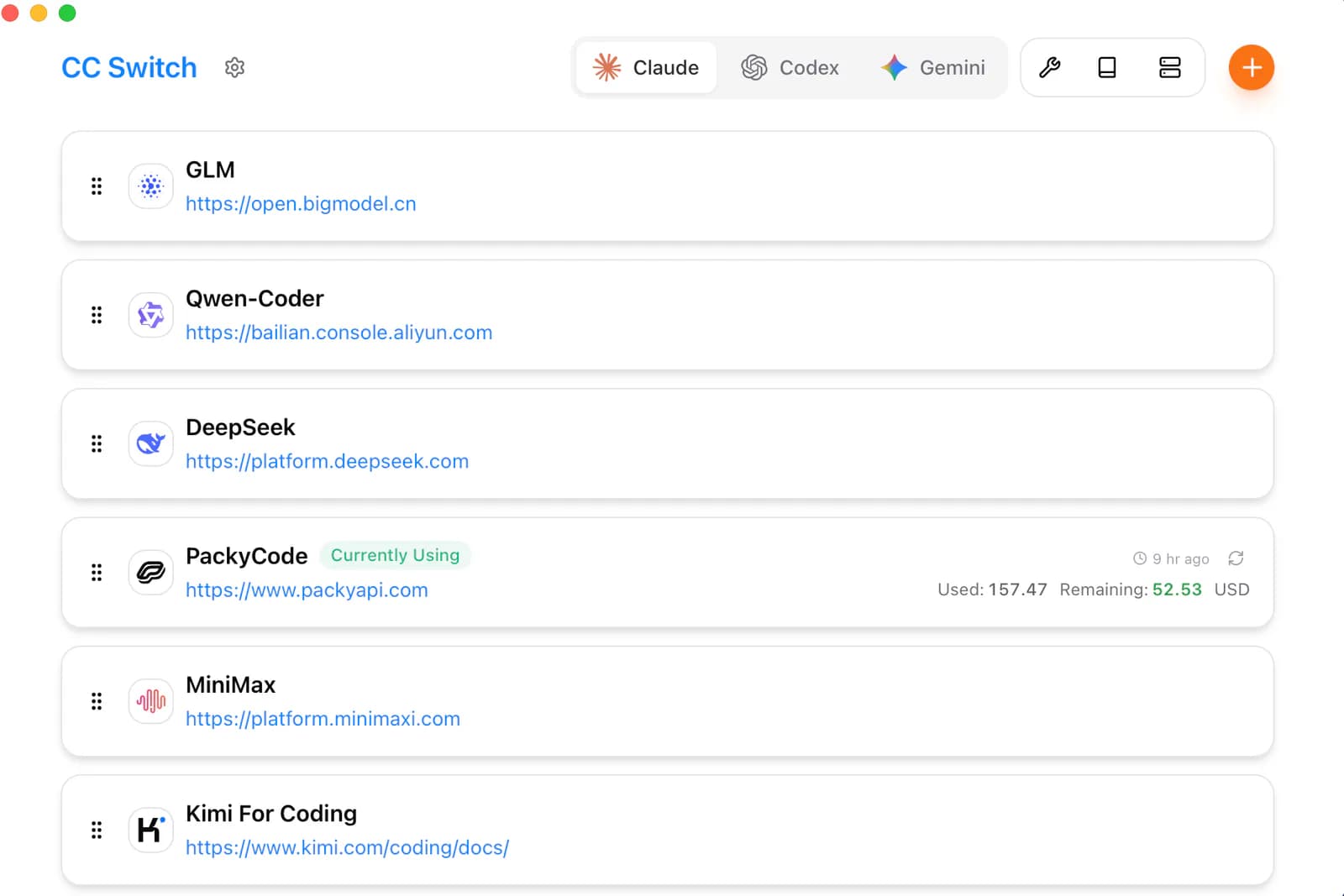 CC Switch main interface for managing multiple AI coding tools