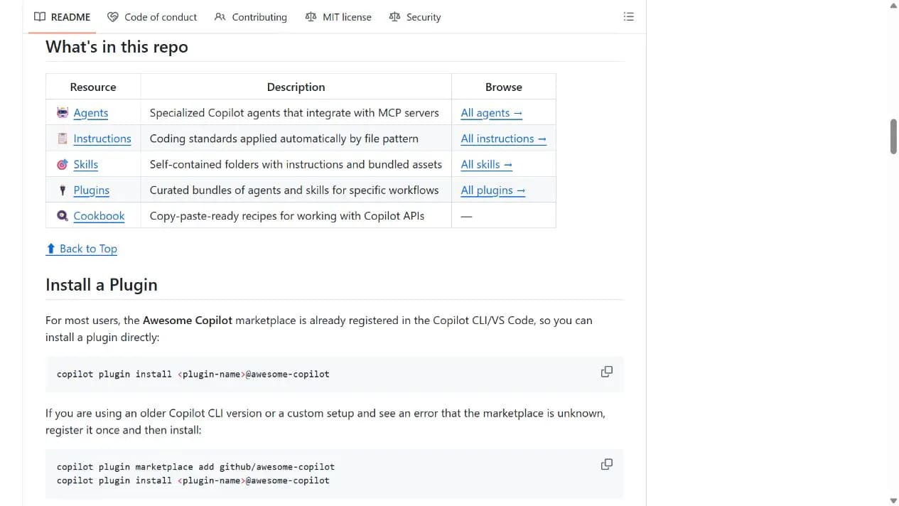Awesome GitHub Copilot README showing agents, skills, plugins, and installation commands