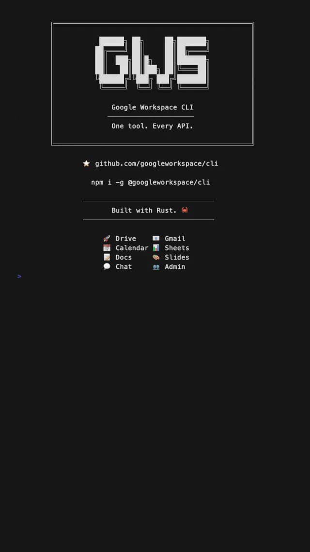 Google Workspace CLI 终端演示,列出 Drive、Gmail、Calendar、Sheets、Docs、Slides、Chat 与 Admin