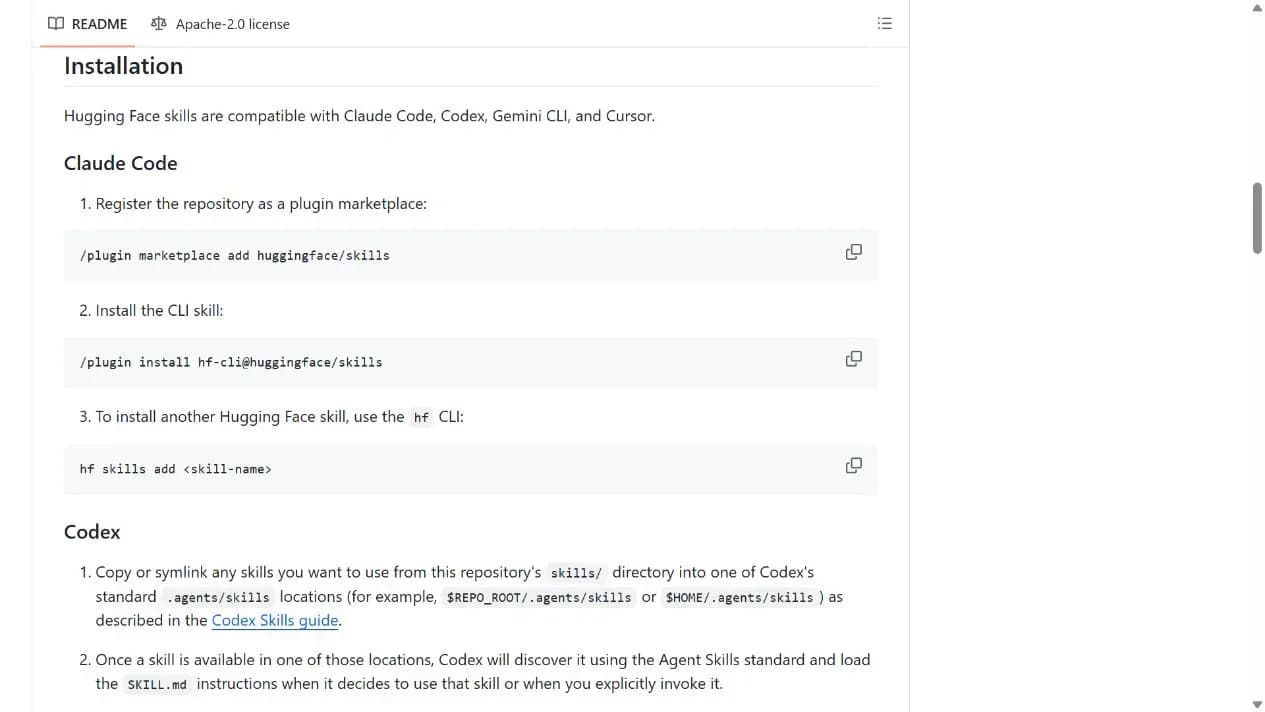 Hugging Face Skills README 展示 Claude Code 和 Codex 安装方式