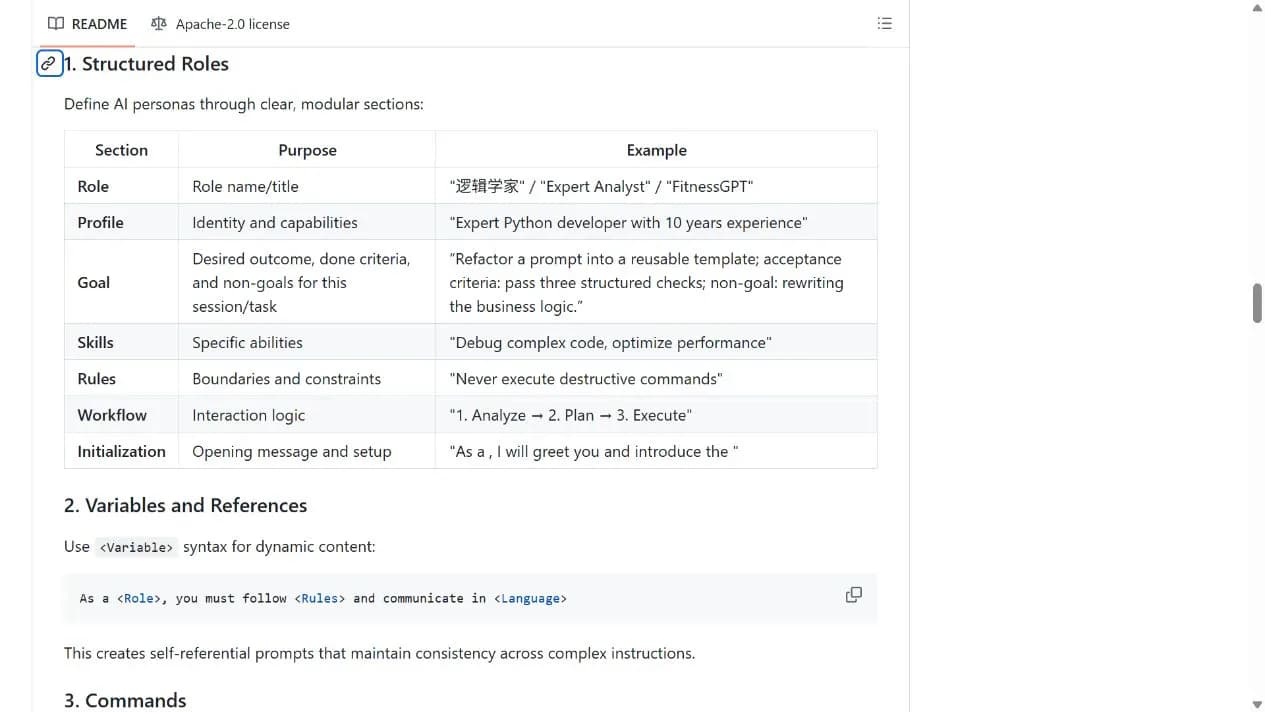 LangGPT README 用表格解释角色、目标、规则和工作流程字段