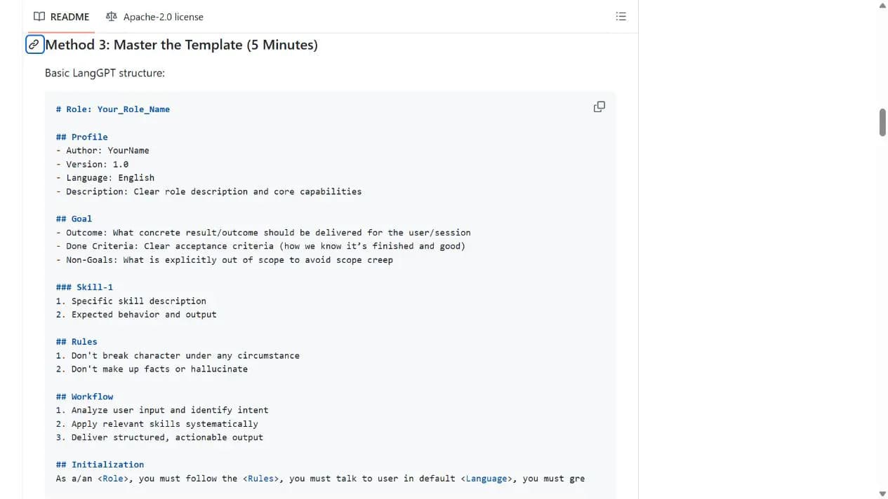 LangGPT README 展示可复制的 Markdown 提示词模板