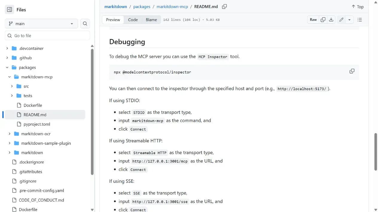 MarkItDown-MCP README 展示使用 MCP Inspector 连接和调试服务器的步骤