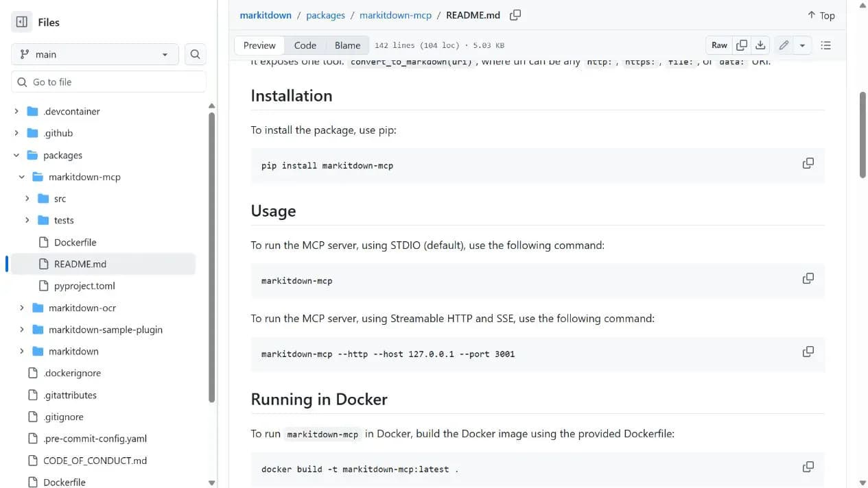 MarkItDown-MCP README 展示 pip 安装、STDIO 和本地 HTTP 启动命令