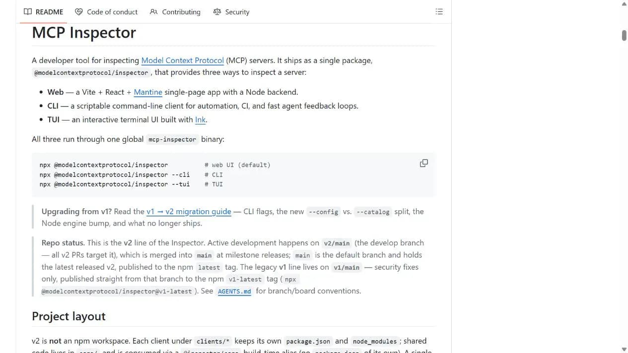 MCP Inspector README 展示 Web、CLI 和 TUI 三种启动命令