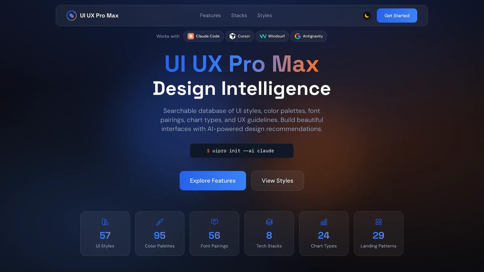 UI/UX Pro Max 项目网站界面,展示设计资源与产品入口