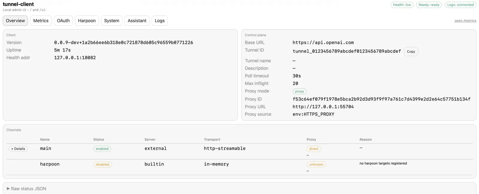 tunnel-client 本地管理界面的 Overview 页面