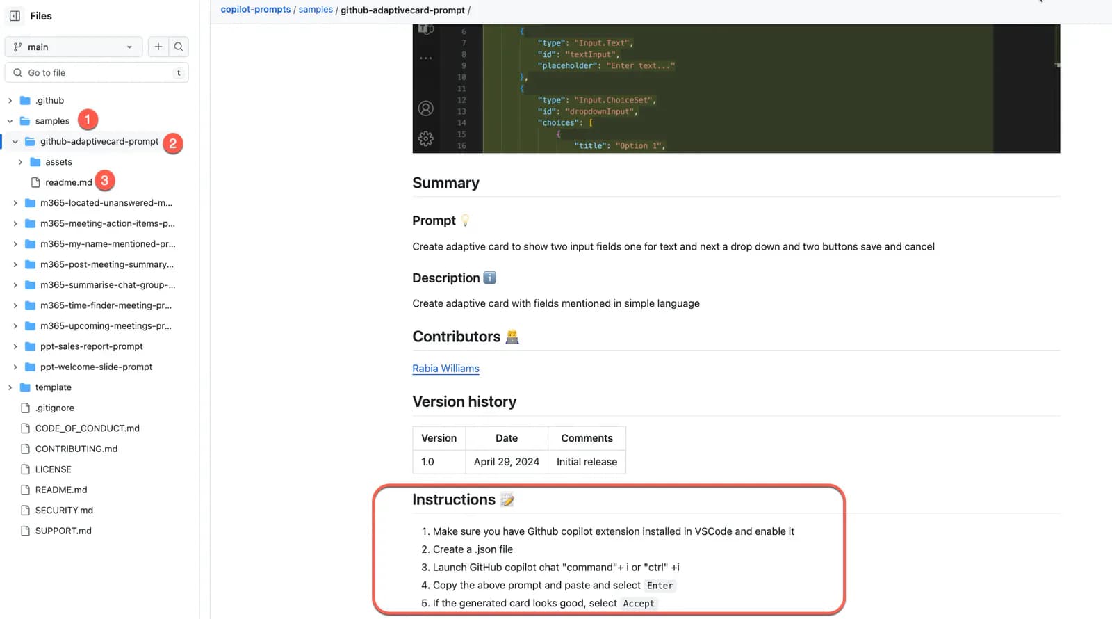 Copilot Prompts sample selection and usage workflow