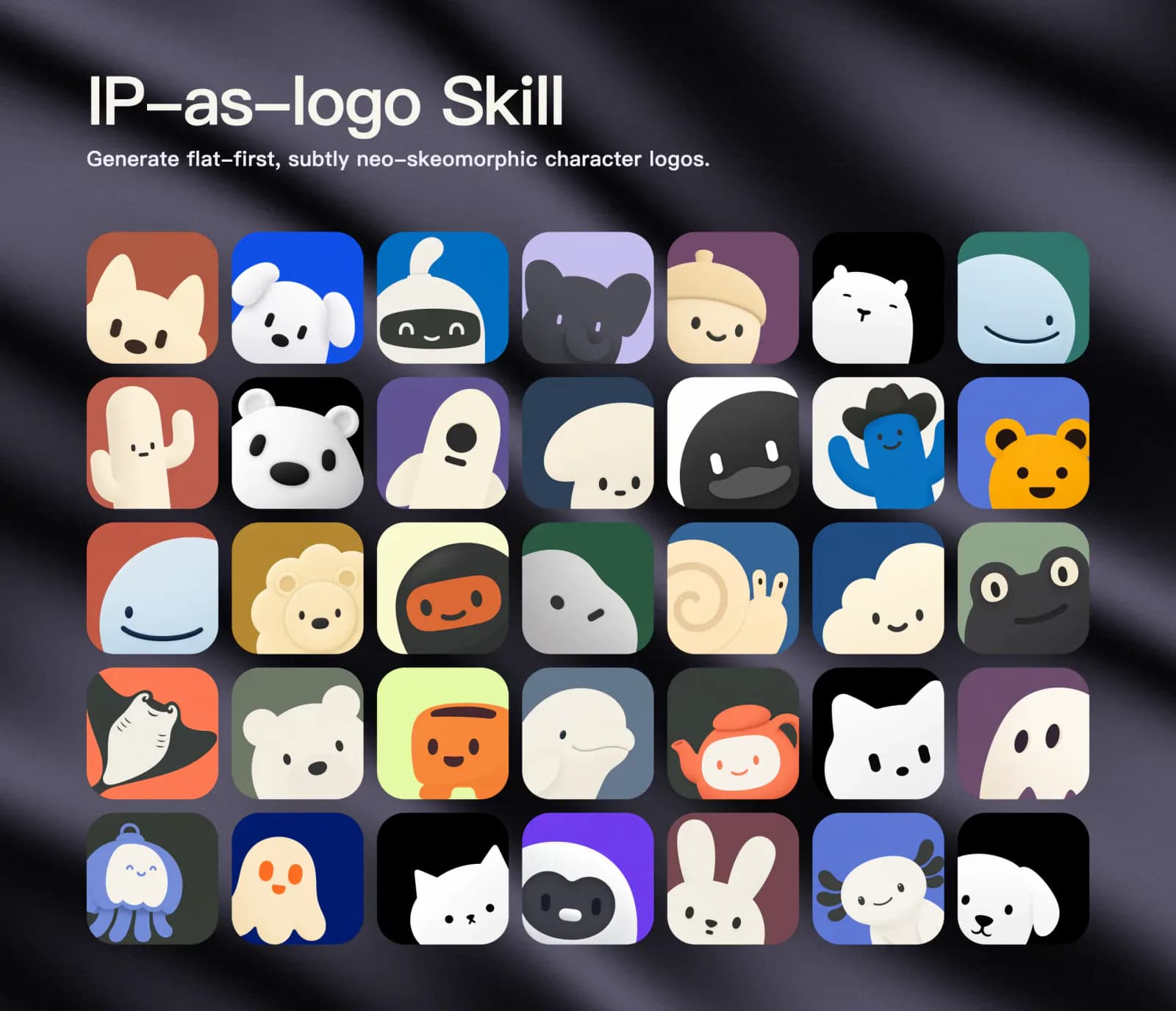 IP as Logo Skill showcase wall with simplified rounded animal, robot, ghost, and object character marks