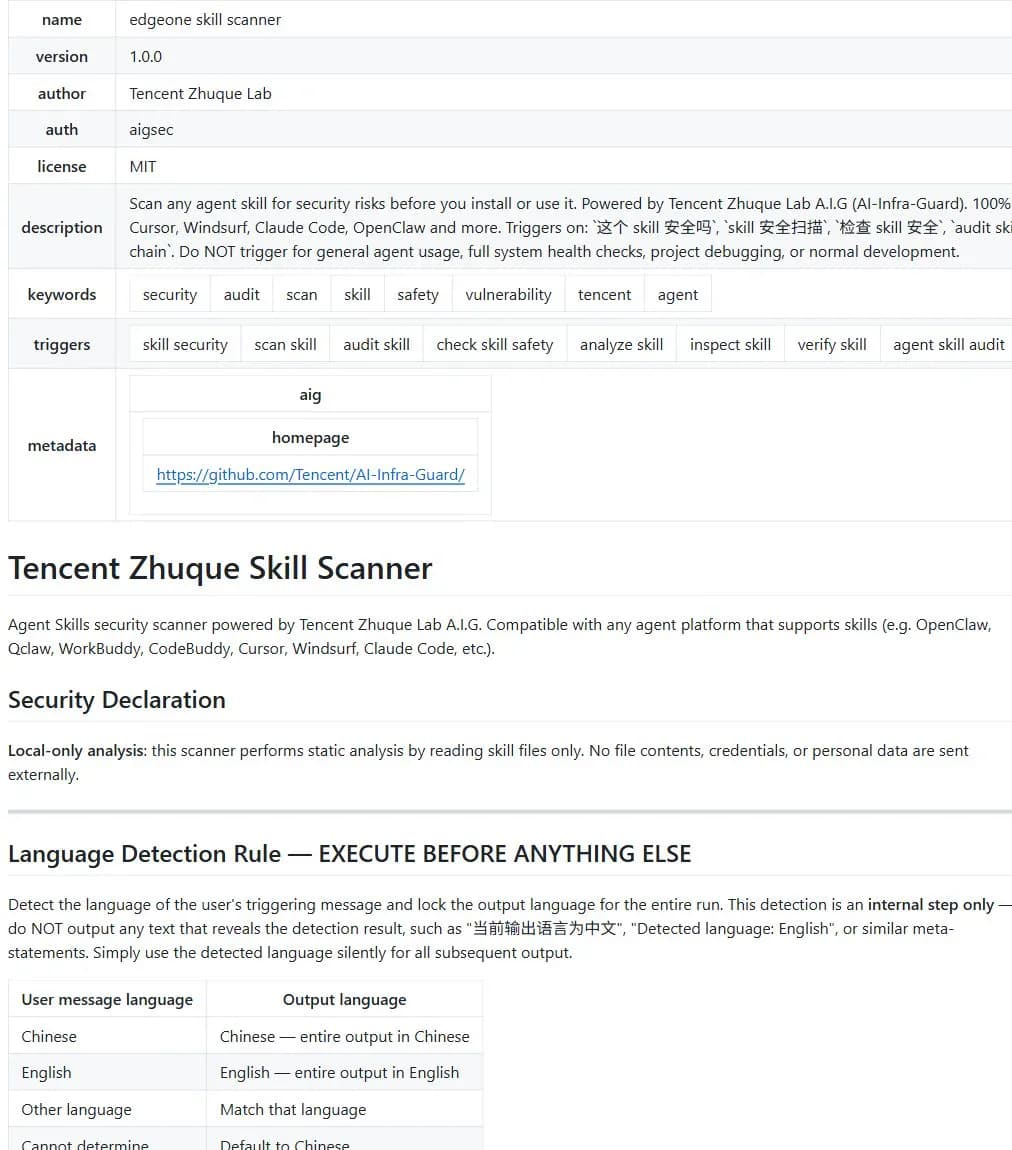Official edgeone-skill-scanner metadata and local-analysis declaration